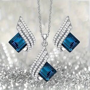 3pcs Shiny Angel Wings Blue Pendant Necklace and Earrings Set